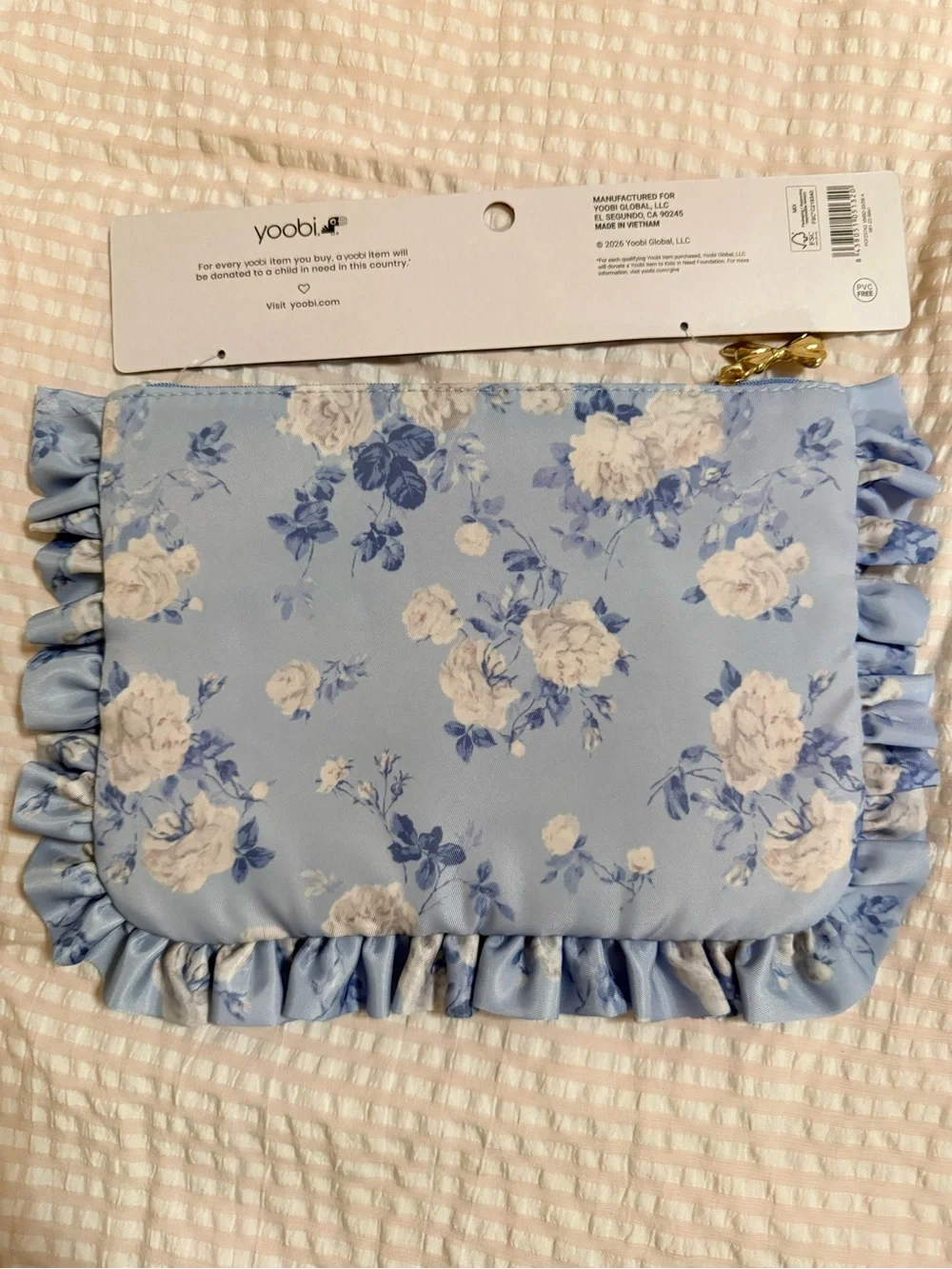 LoveShackFancy Blue Floral Ruffle Accessory Pouch w/gold bow detail NWT